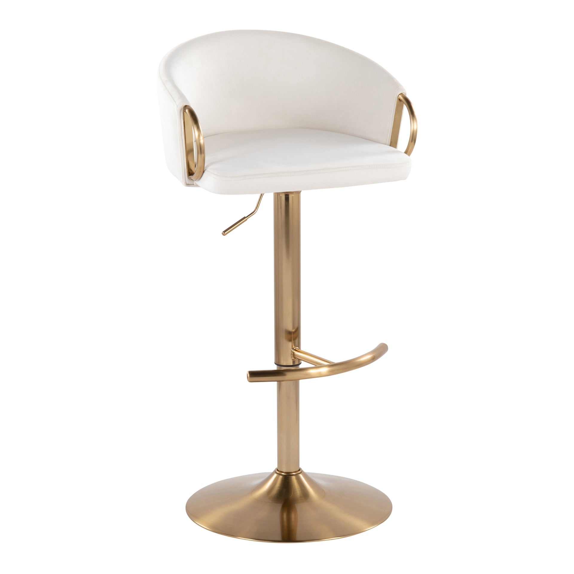 Claire Contemporary/Glam Adjustable Barstool with Swivel in Gold Metal and Cream Velvet with Rounded T Footrest by LumiSource - Set of 2