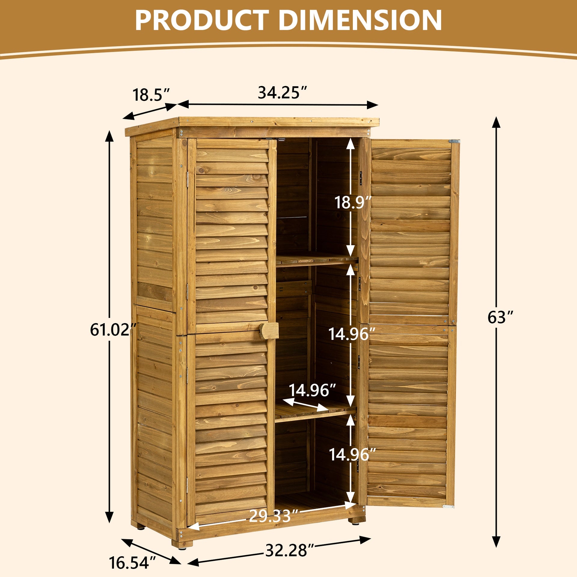 Outdoor Storage Cabinet, Wood Garden Shed, Pool Storage Shed with Lockable Door, Waterproof Roof and 2 Removable Shelves, Vertical Outside Storage Shed for Patio, Backyard and Lawn