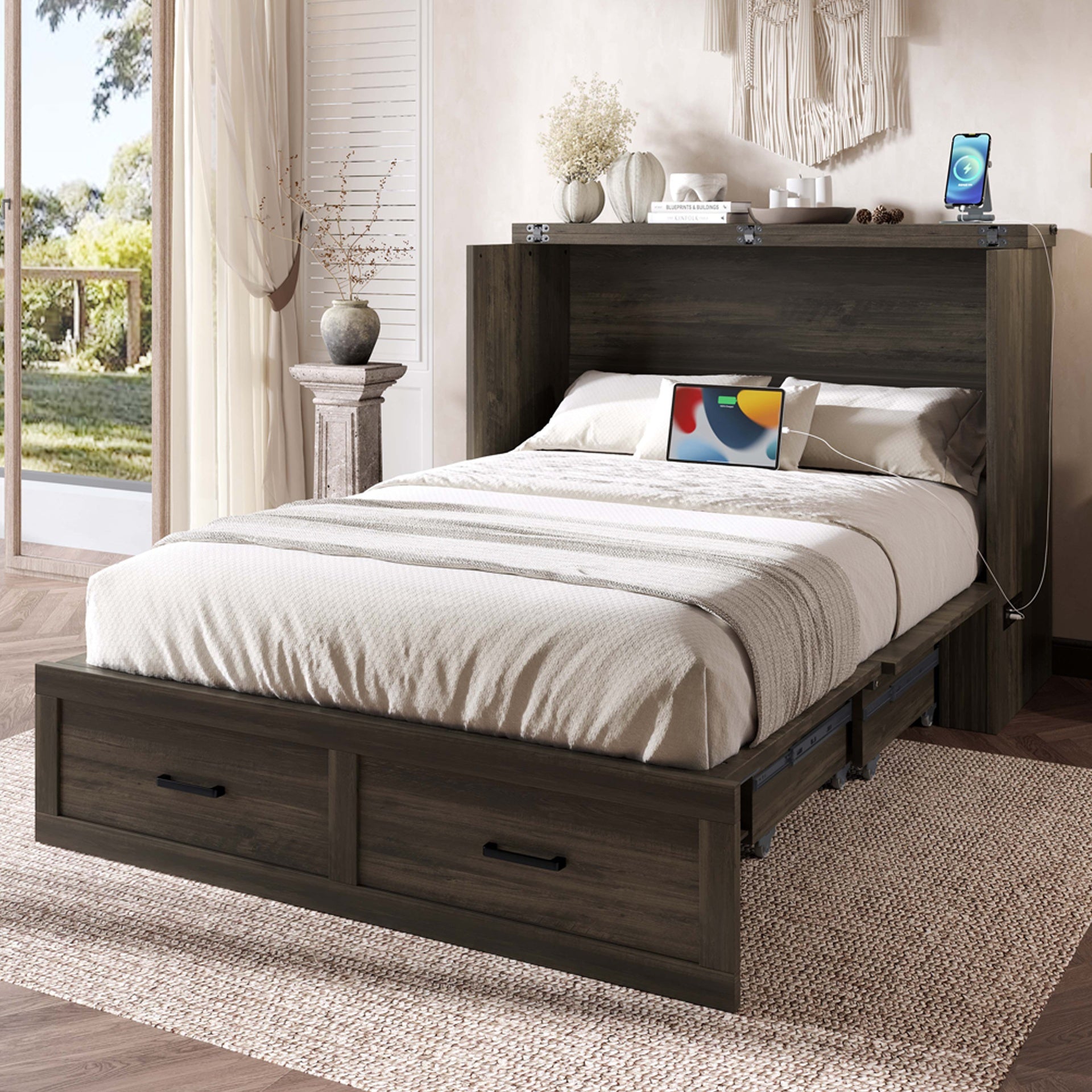 Murphy Bed Cabinet Full Size with Charging Station, Multi-Functional Foldable Platform Bed with 1 Large Storage Drawer for Guest Room, Small Bedroom, Rustic Gray