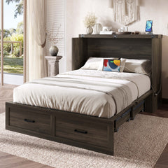 Murphy Bed Cabinet Full Size with Charging Station, Multi-Functional Foldable Platform Bed with 1 Large Storage Drawer for Guest Room, Small Bedroom, Rustic Gray