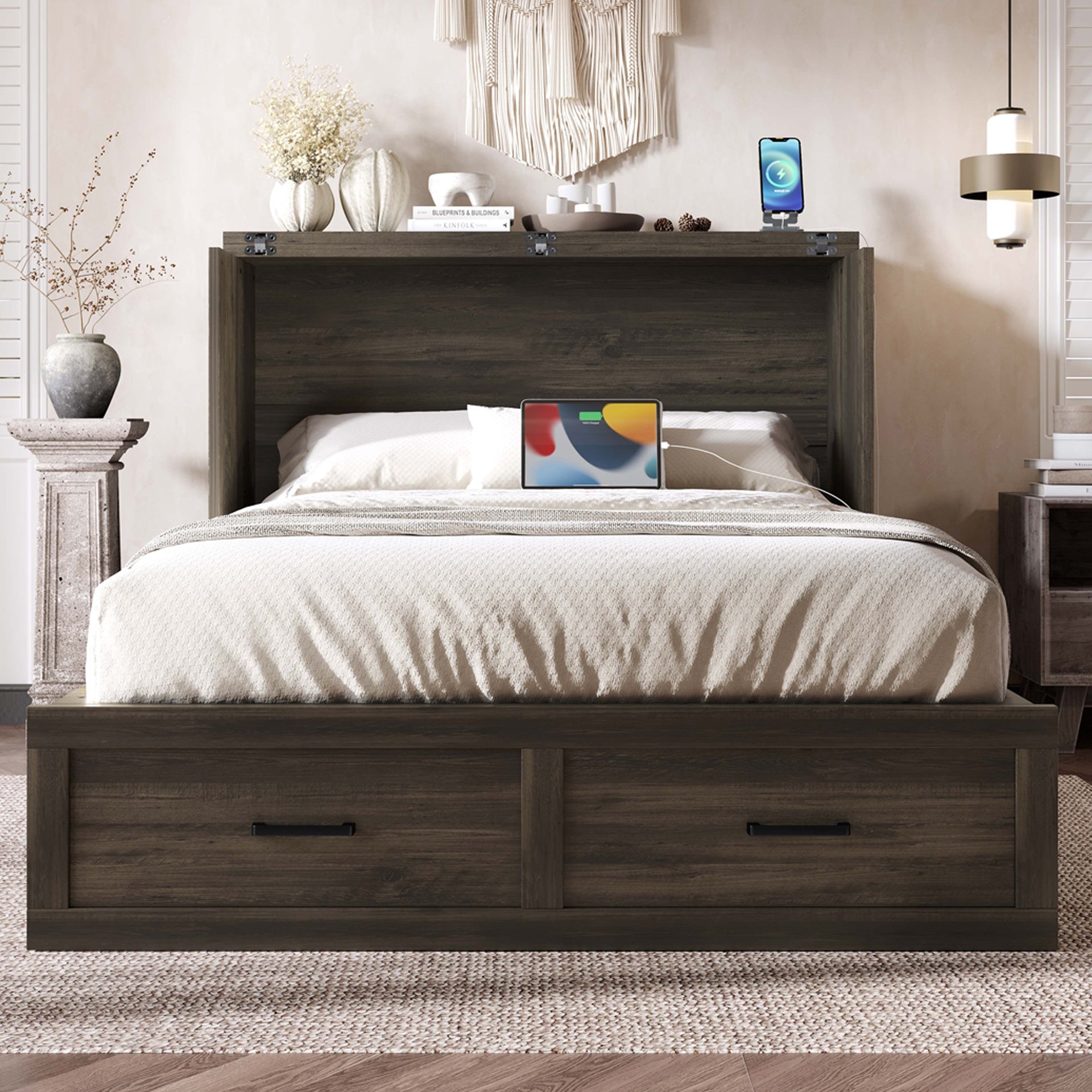 Murphy Bed Cabinet Full Size with Charging Station, Multi-Functional Foldable Platform Bed with 1 Large Storage Drawer for Guest Room, Small Bedroom, Rustic Gray
