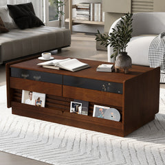 U-Can Modern Rectangle Coffee Table with 4 Drawers and 2 Display Shelves, 47.2" Wood Coffee Table with Fluted Style, Tempered Glass for Living Room