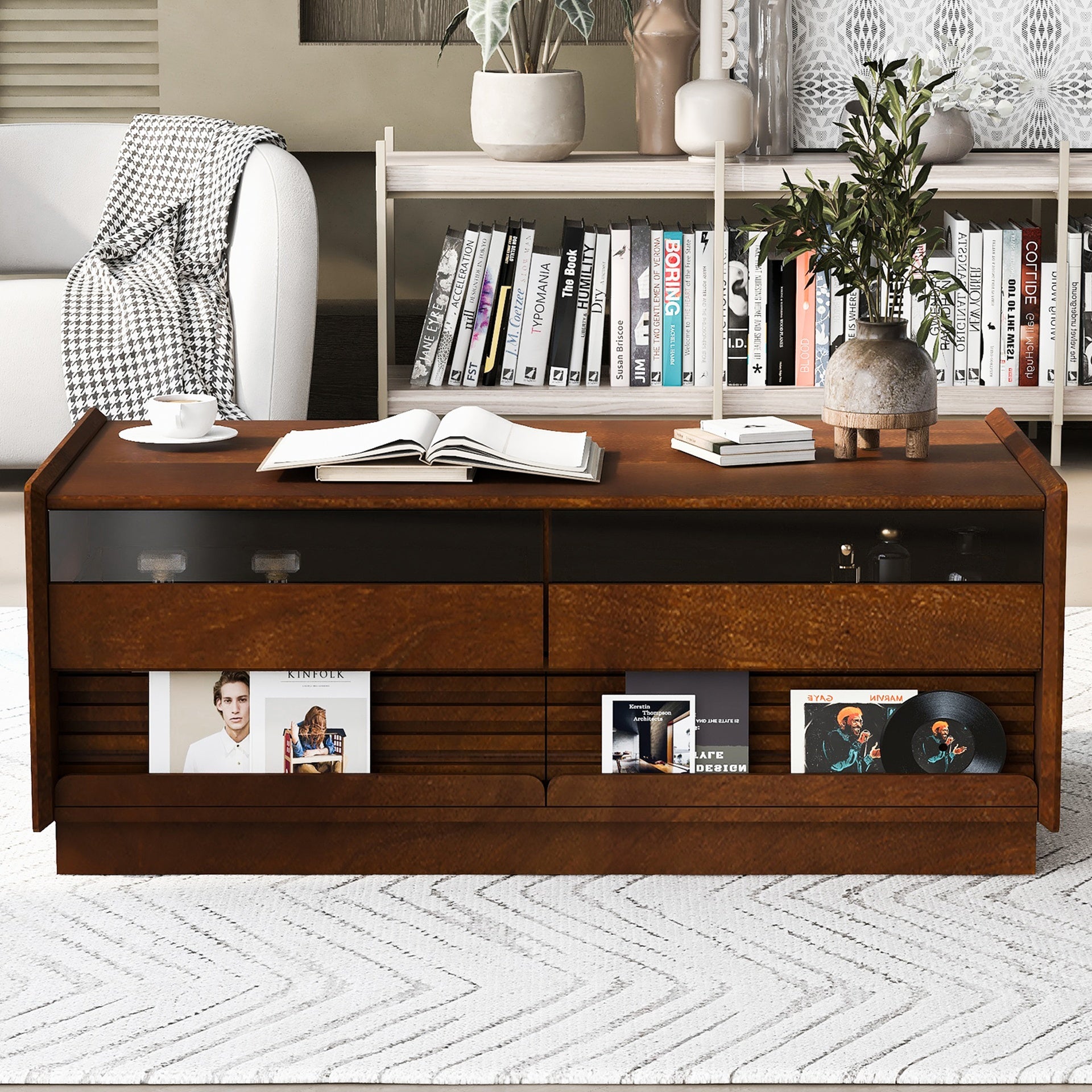 U-Can Modern Rectangle Coffee Table with 4 Drawers and 2 Display Shelves, 47.2" Wood Coffee Table with Fluted Style, Tempered Glass for Living Room