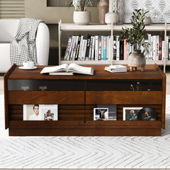 U-Can Modern Rectangle Coffee Table with 4 Drawers and 2 Display Shelves, 47.2" Wood Coffee Table with Fluted Style, Tempered Glass for Living Room