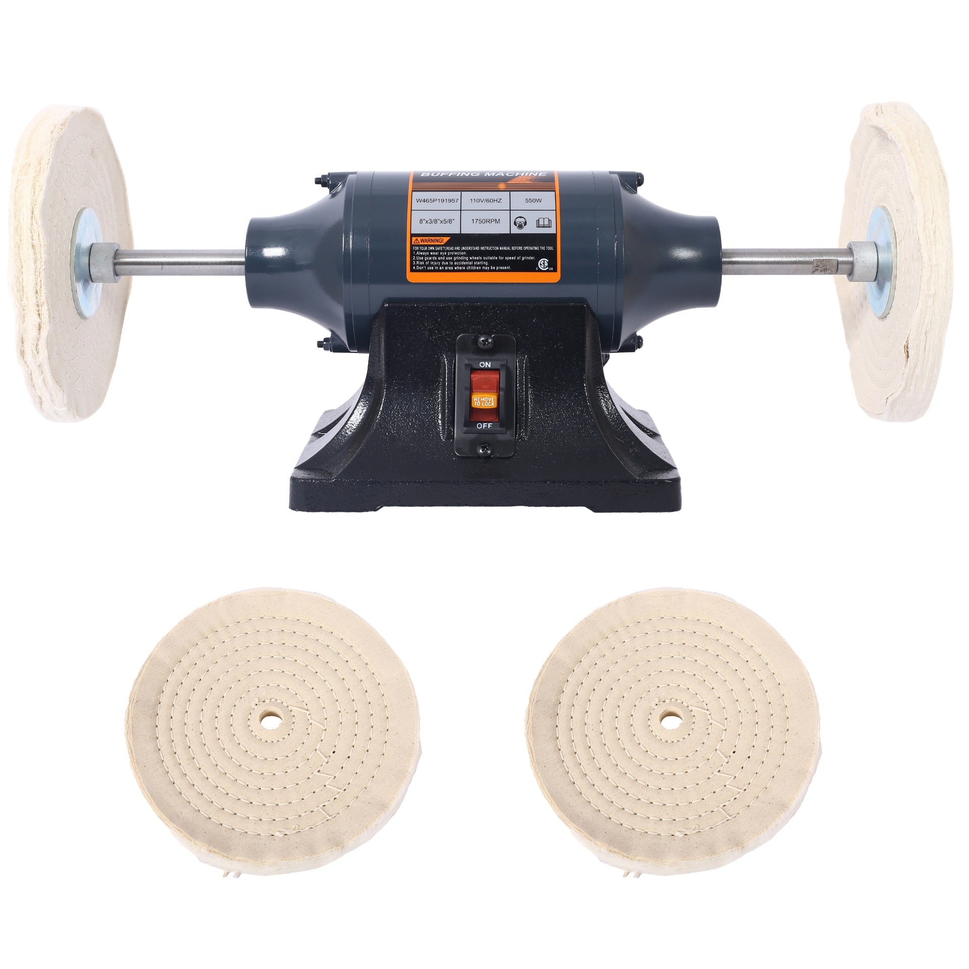 Extra long 8-Inch Electric Polisher Bench Buffer Grinder -4 Pole motor; Includes 4PCs 80Ply Thic Buffing Wheels for Polishing Metal, Jewelry, Knives, Wood, Jade,etc. CSA Certificated
