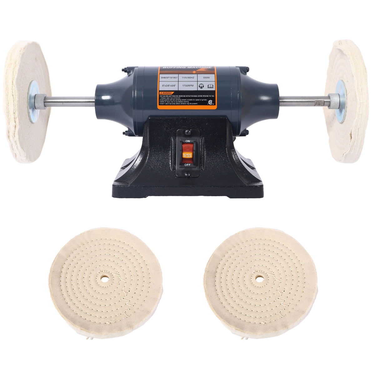 Extra long 8-Inch Electric Polisher Bench Buffer Grinder -4 Pole motor; Includes 4PCs 80Ply Thic Buffing Wheels for Polishing Metal, Jewelry, Knives, Wood, Jade,etc. CSA Certificated