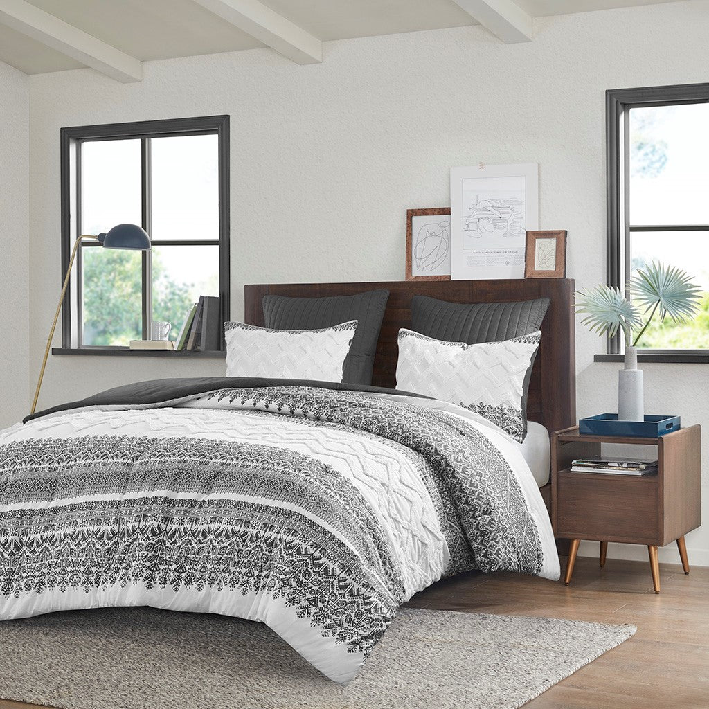 3 Piece Cotton Comforter Set with Chenille Tufting Gray King/Cal King