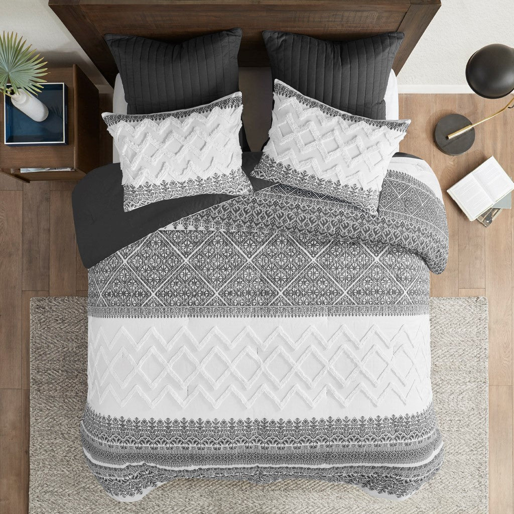 3 Piece Cotton Comforter Set with Chenille Tufting Gray King/Cal King