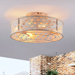20" Flower Style Iron  Ceiling Fans With Remote Control,Flush Mount Caged Ceiling Fan  for Bedroom, Living Room--NOT Included Bulbs-Retro White