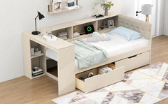 Wood Twin Size Platform Bed with Storage Shelves, Drawers, Charging Station and Upholstered Headboard, Cream