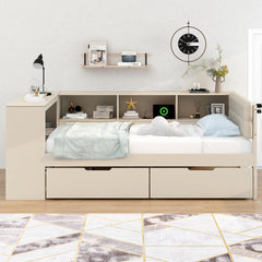 Wood Twin Size Platform Bed with Storage Shelves, Drawers, Charging Station and Upholstered Headboard, Cream