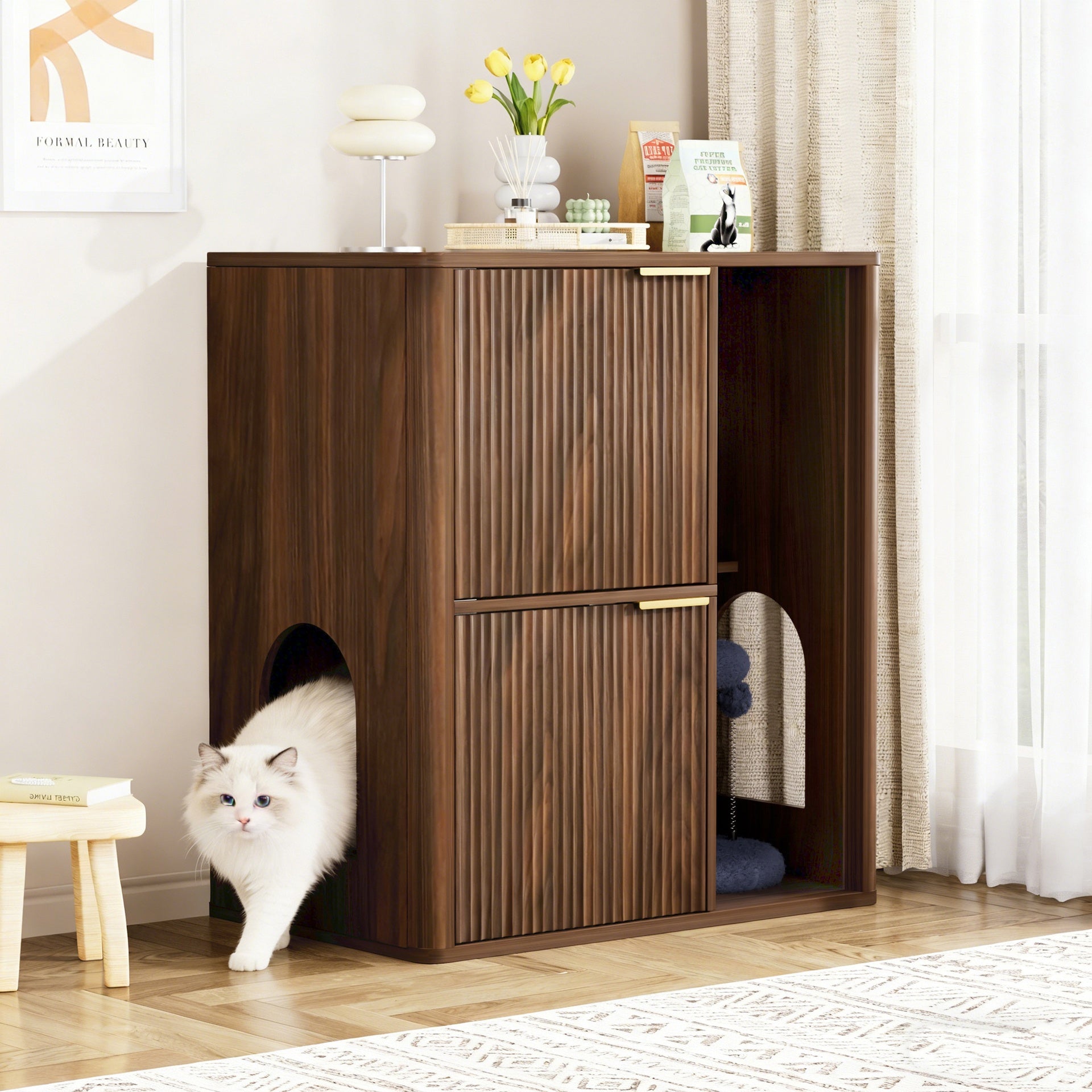 31.5-inch Walnut Cat Litter Cabinet with Cat Tree - Grooved Concealed Litter Furniture Featuring Dual Cat Doors and Storage Shelves, Versatile Pet Cabinet for Living Rooms or Bedrooms