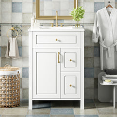 24-Inch Bathroom Vanity with Ceramic Sink, 1 Soft Close Door, 2 Soft Close Drawers, and Double Storage Racks on the Door
