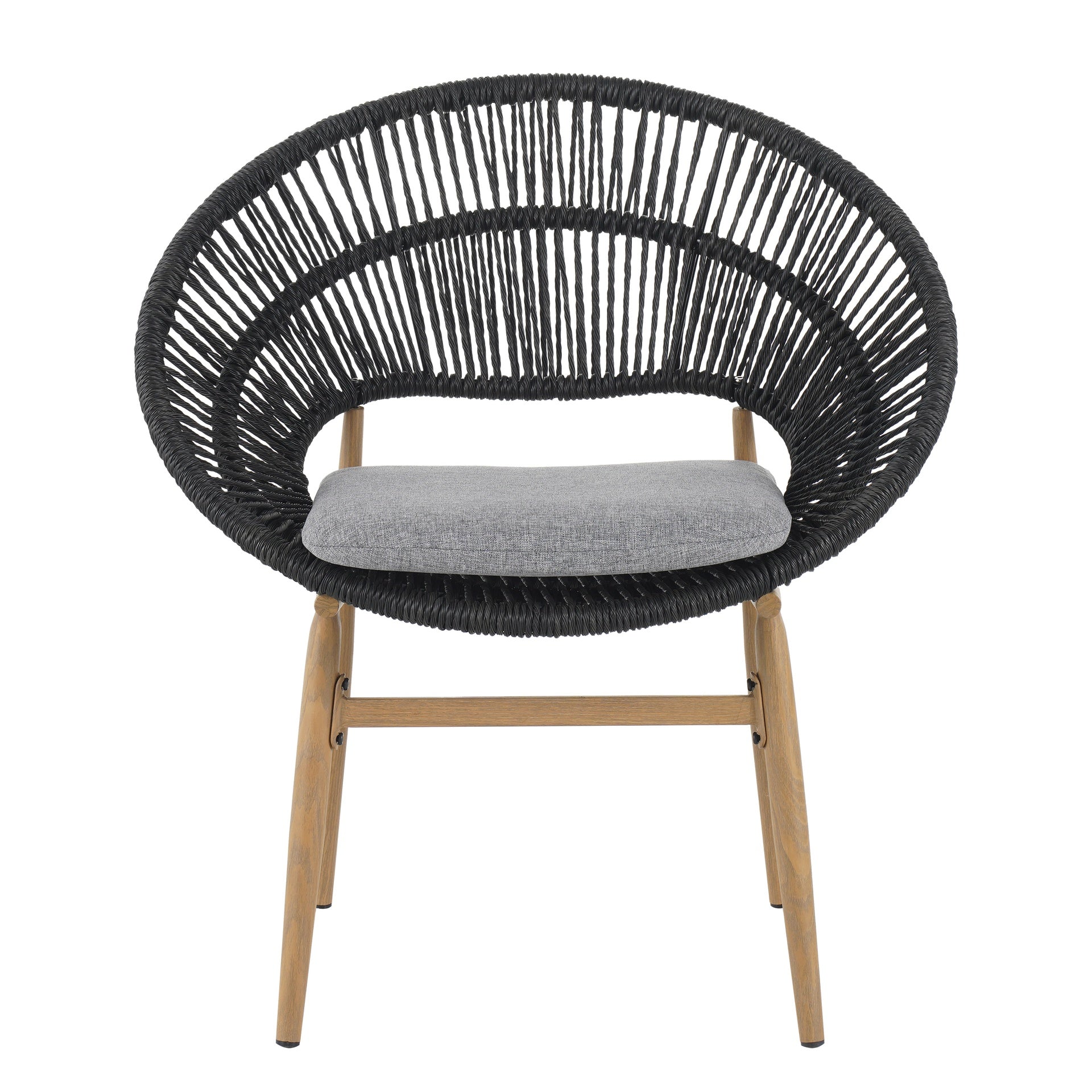 Cyril Outdoor Wicker Papasan Style Dining Chair, Teak Finished Leg and Dark Gray Faux Rattan, Gray Cushion, Set of 2