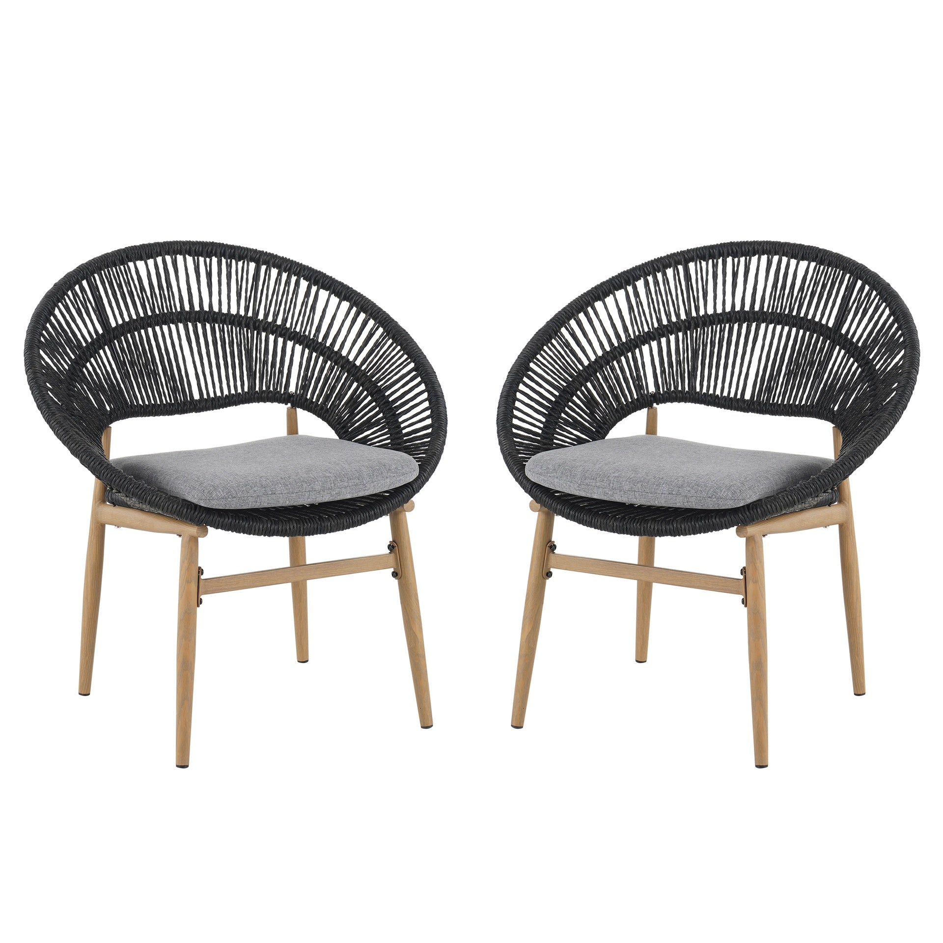 Cyril Outdoor Wicker Papasan Style Dining Chair, Teak Finished Leg and Dark Gray Faux Rattan, Gray Cushion, Set of 2
