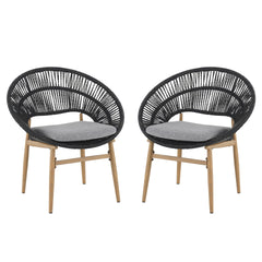 Cyril Outdoor Wicker Papasan Style Dining Chair, Teak Finished Leg and Dark Gray Faux Rattan, Gray Cushion, Set of 2