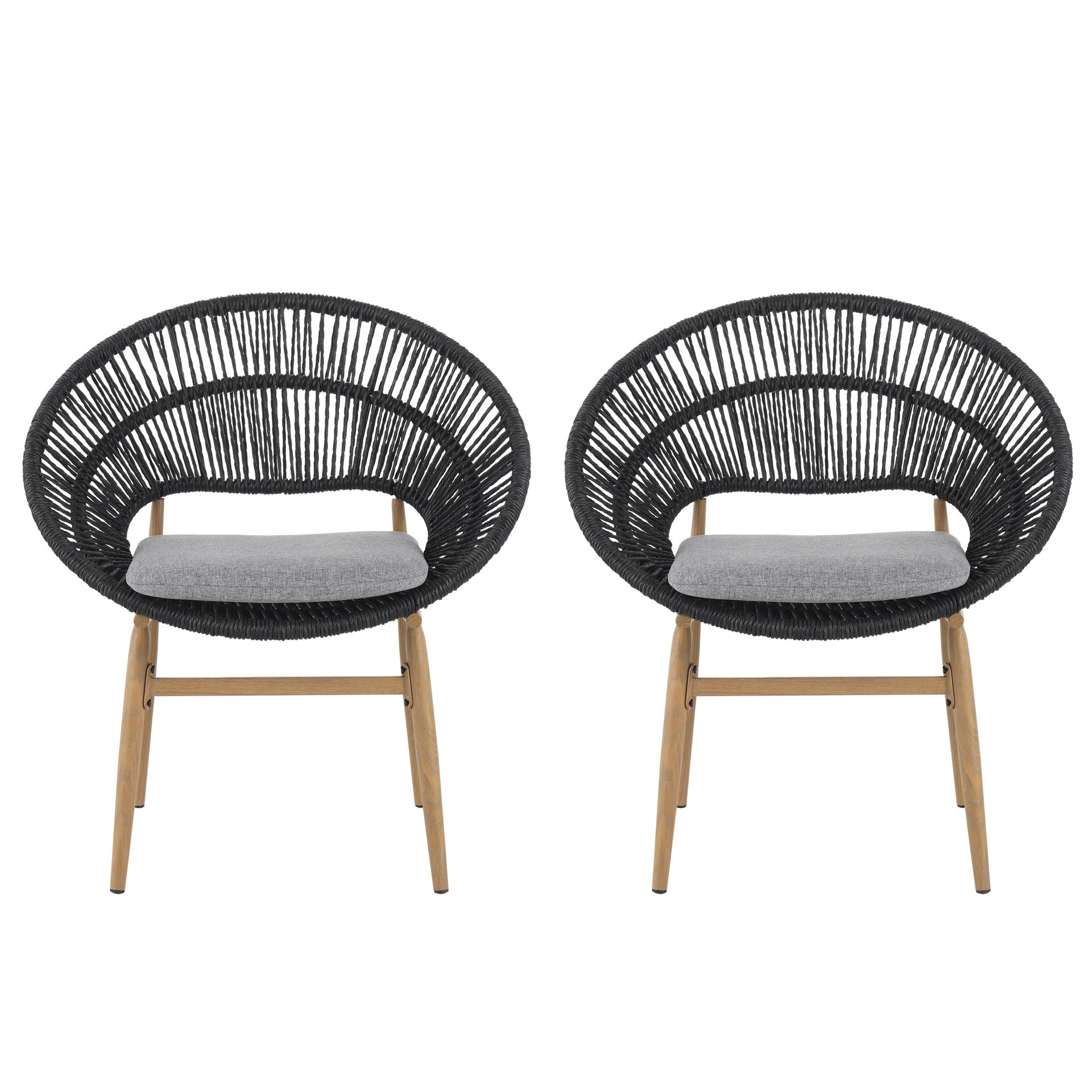 Cyril Outdoor Wicker Papasan Style Dining Chair, Teak Finished Leg and Dark Gray Faux Rattan, Gray Cushion, Set of 2