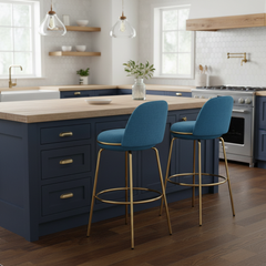 Rio Claro Indoor Metal Upholstered Barstool, Gold Finished Frame and Blue Upholstery, Set of 2