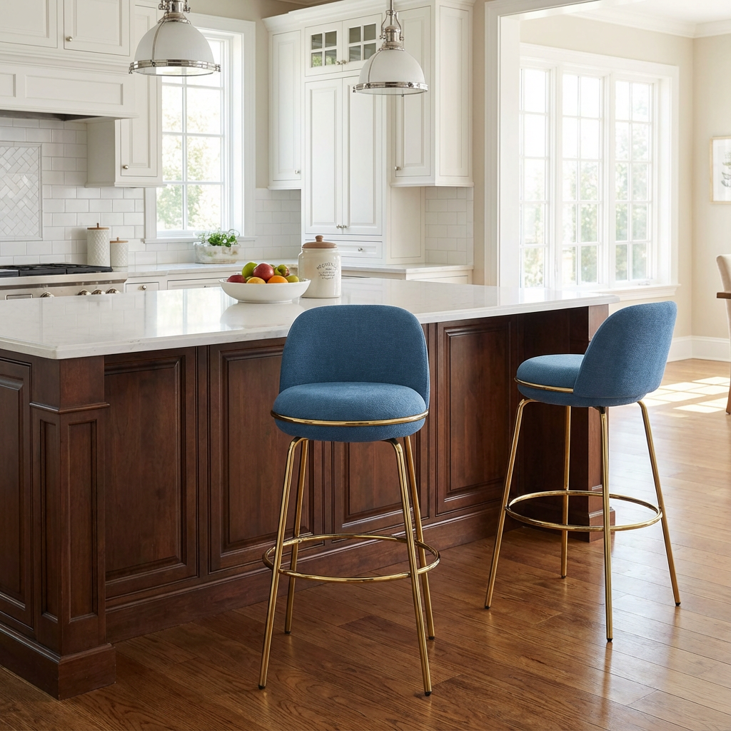 Rio Claro Indoor Metal Upholstered Barstool, Gold Finished Frame and Blue Upholstery, Set of 2