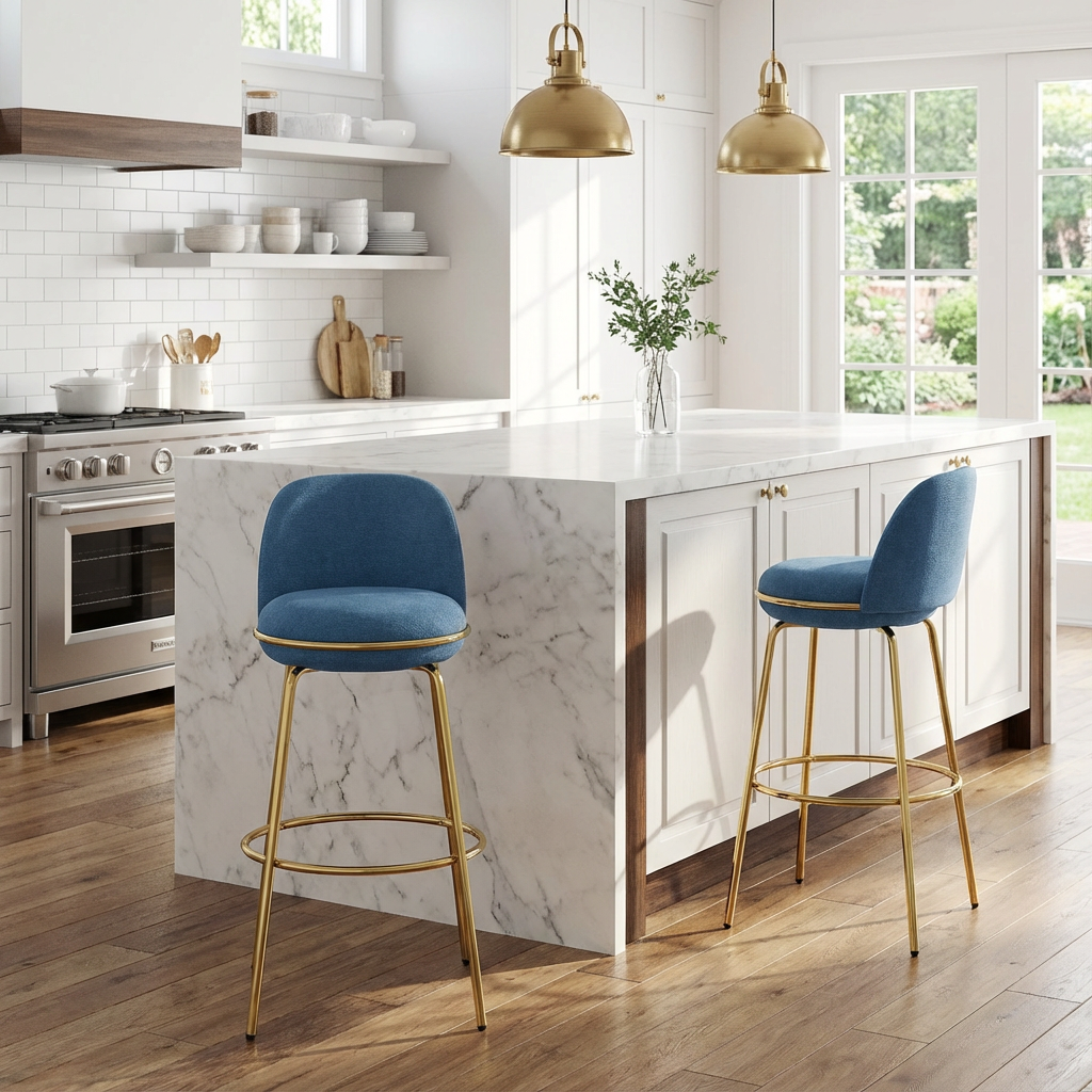Rio Claro Indoor Metal Upholstered Barstool, Gold Finished Frame and Blue Upholstery, Set of 2