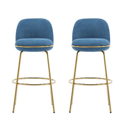 Rio Claro Indoor Metal Upholstered Barstool, Gold Finished Frame and Blue Upholstery, Set of 2