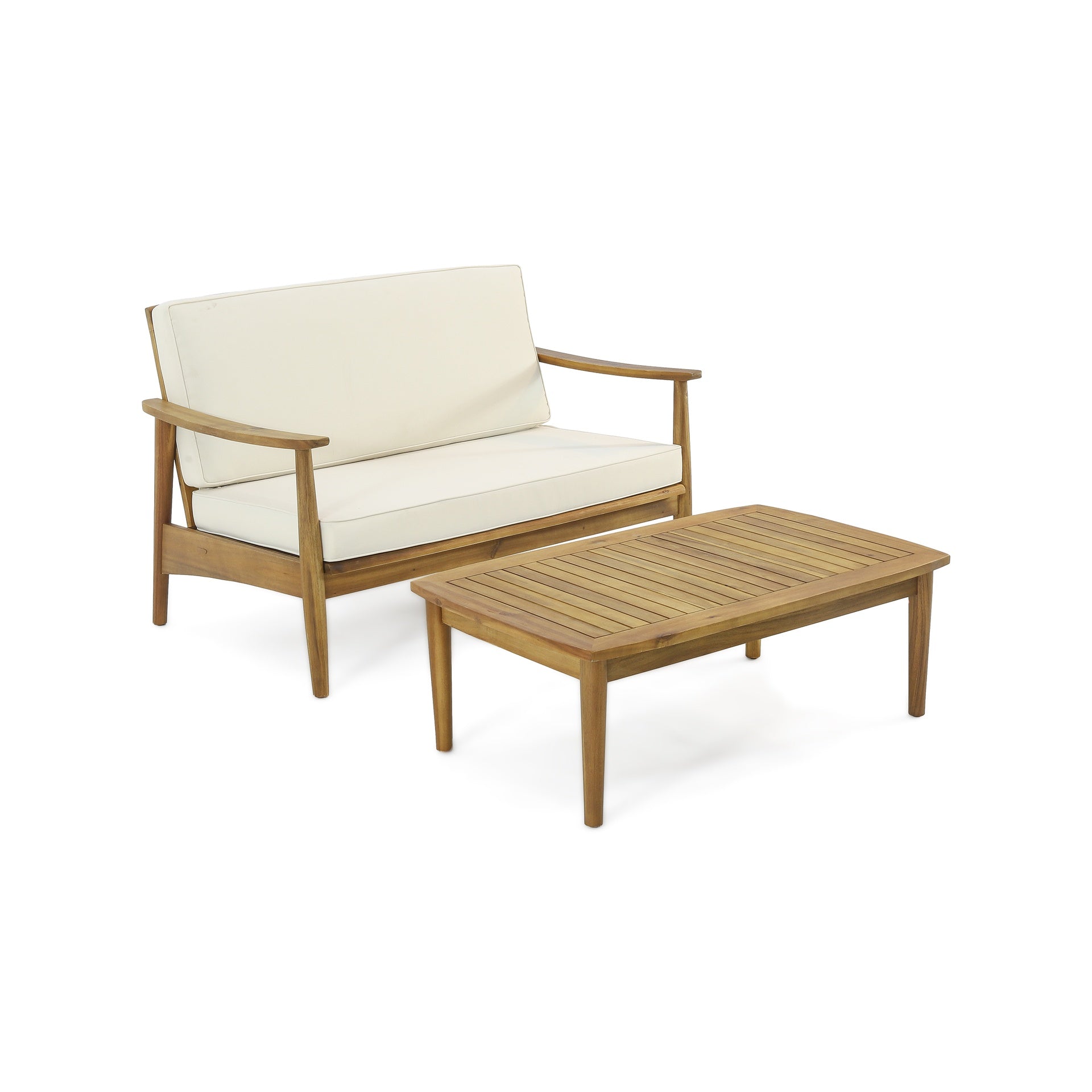 Patio Loveseat and Coffee Table Set, Patio Furniture Set with Cushion, Acacia Wood Frame Conversation Set for Garden, Backyard, Porch and Poolside, Minimalistic Style