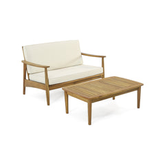 Patio Loveseat and Coffee Table Set, Patio Furniture Set with Cushion, Acacia Wood Frame Conversation Set for Garden, Backyard, Porch and Poolside, Minimalistic Style