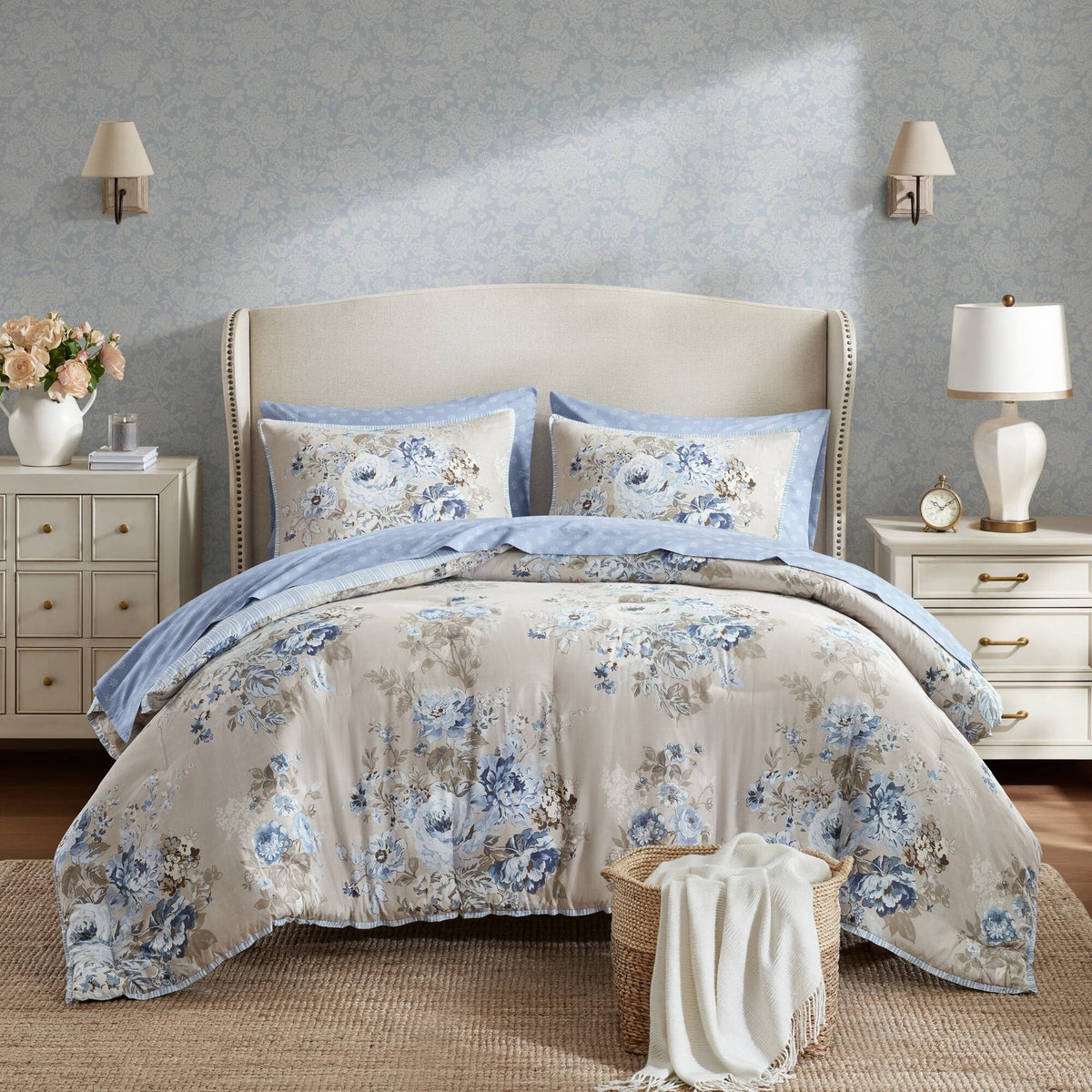 5-Piece Twin 5 Piece Vintage-inspired Collection floral print,Beige/Blue