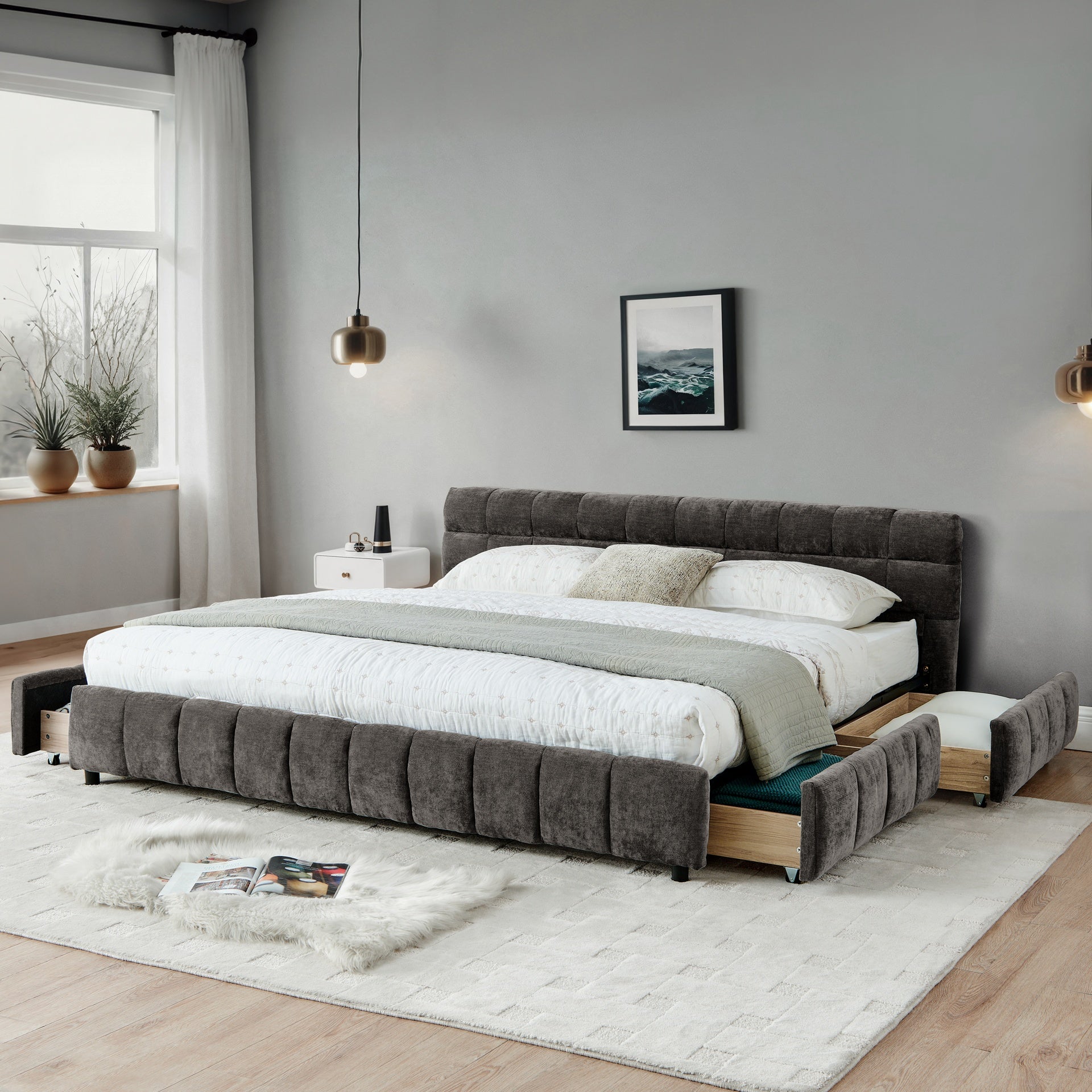 California King size Upholstered Bed ,comfortable upholstered bed frame, Chenille fabric, with headboard and solid bed frame. With drawer for storage.-Dark Gray(90.5''*80.5''*31'')