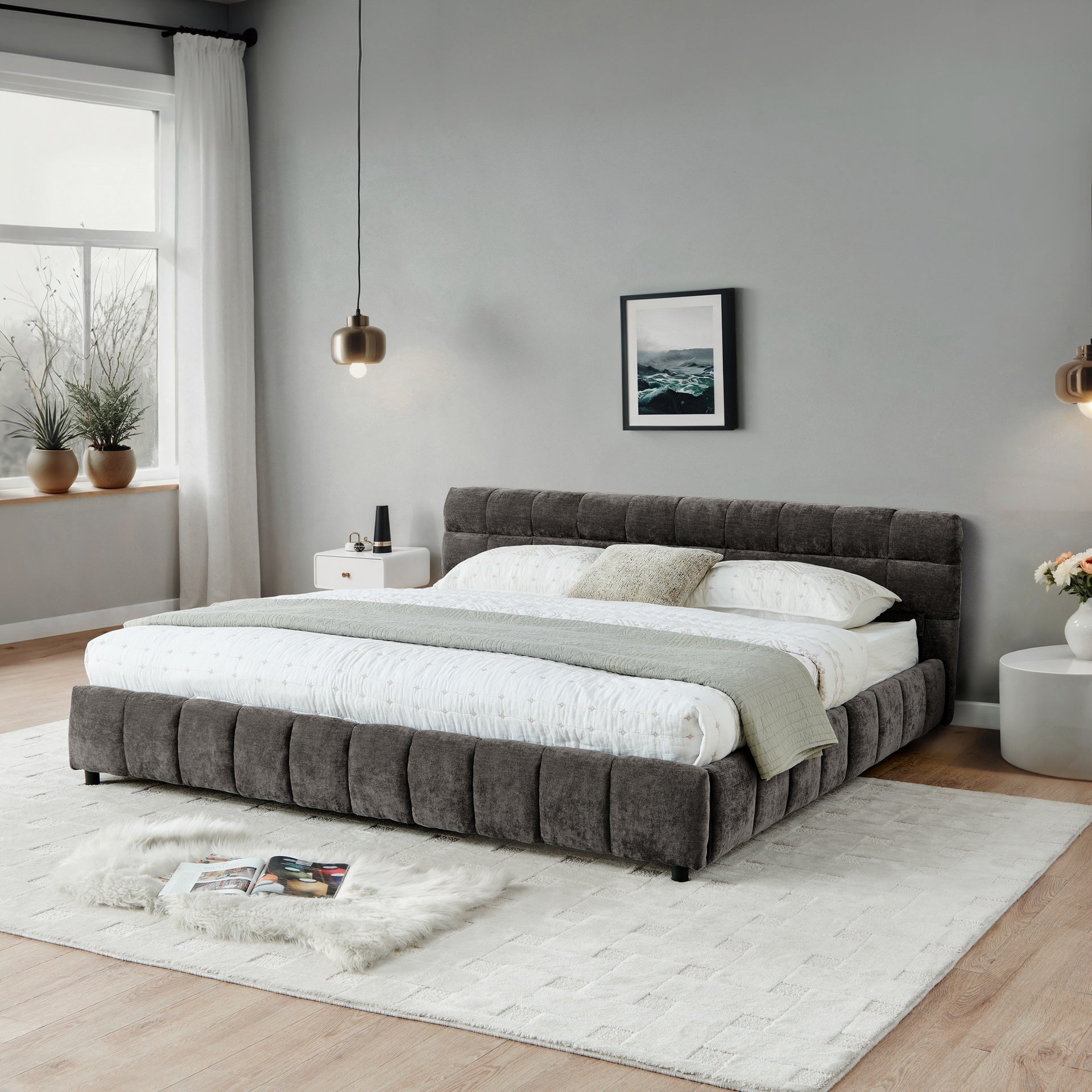 California King size Upholstered Bed ,comfortable upholstered bed frame, Chenille fabric, with headboard and solid bed frame. With drawer for storage.-Dark Gray(90.5''*80.5''*31'')