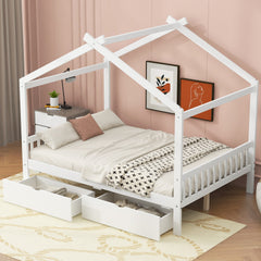 Full Size House Platform Bed with Two Drawers,Headboard and Footboard,Roof Design,White