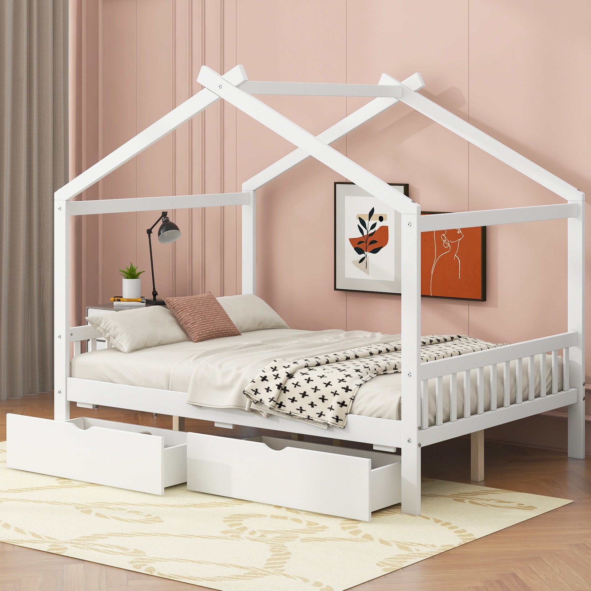 Full Size House Platform Bed with Two Drawers,Headboard and Footboard,Roof Design,White