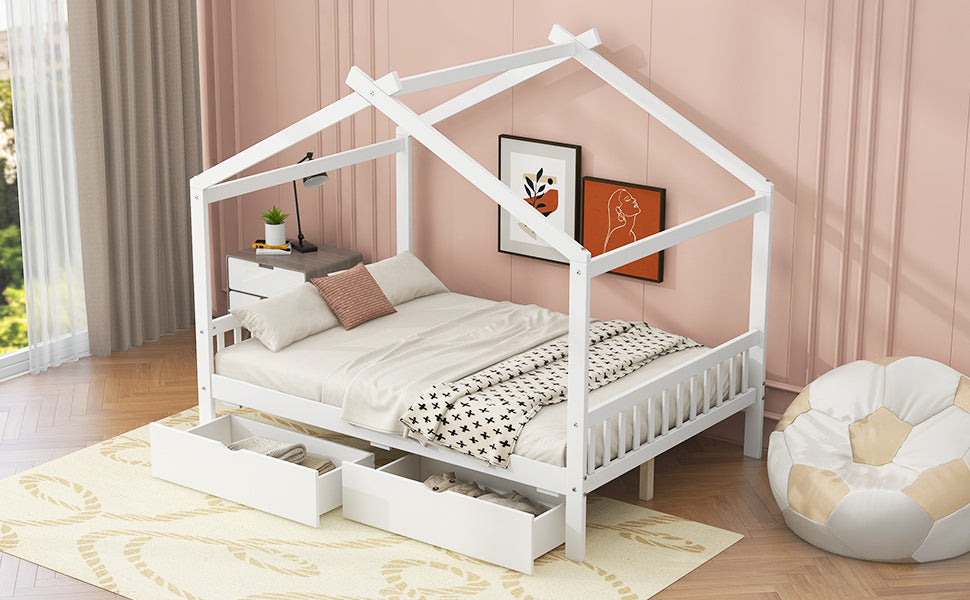 Full Size House Platform Bed with Two Drawers,Headboard and Footboard,Roof Design,White