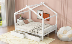 Full Size House Platform Bed with Two Drawers,Headboard and Footboard,Roof Design,White