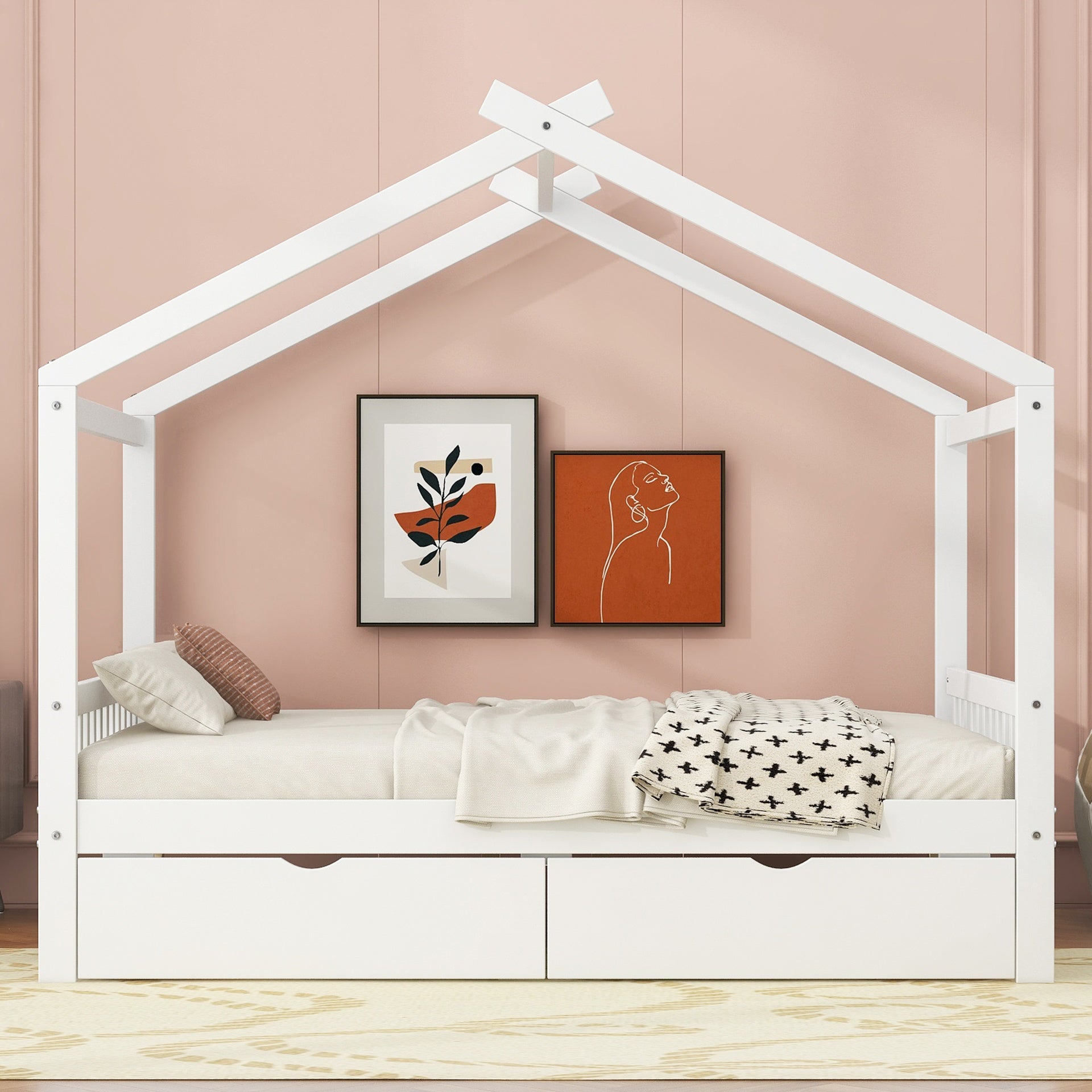Full Size House Platform Bed with Two Drawers,Headboard and Footboard,Roof Design,White