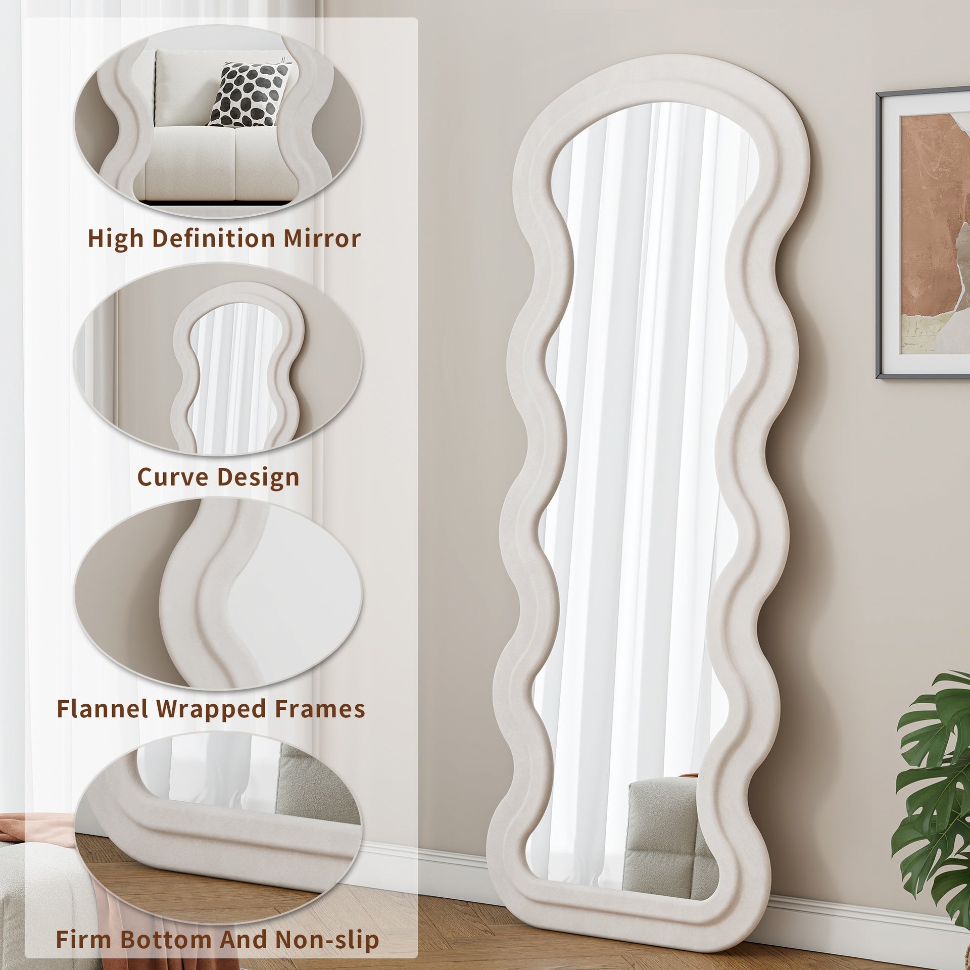 Flannel Full Length Wave white Floor Mirror with Stand for Bedroom living room Hanging or Against The Wall