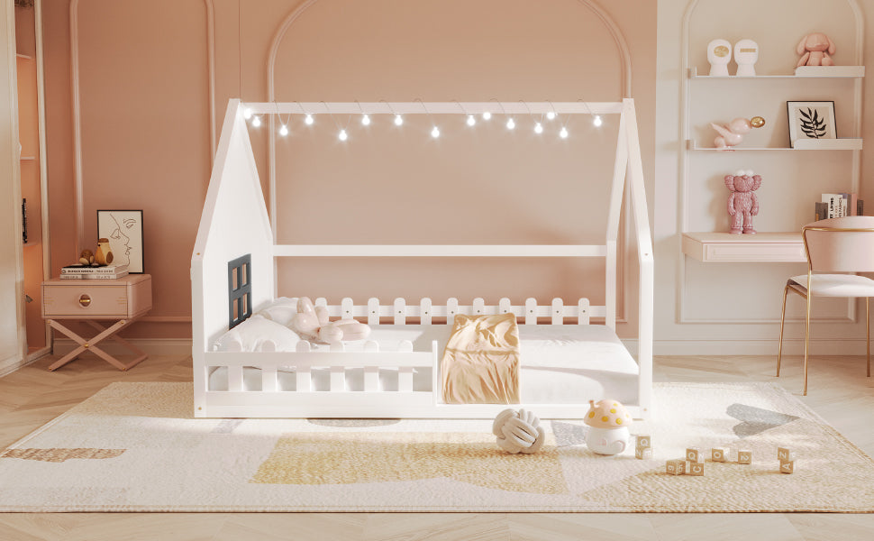 Full Size Wood House Bed with Window and Fence, White