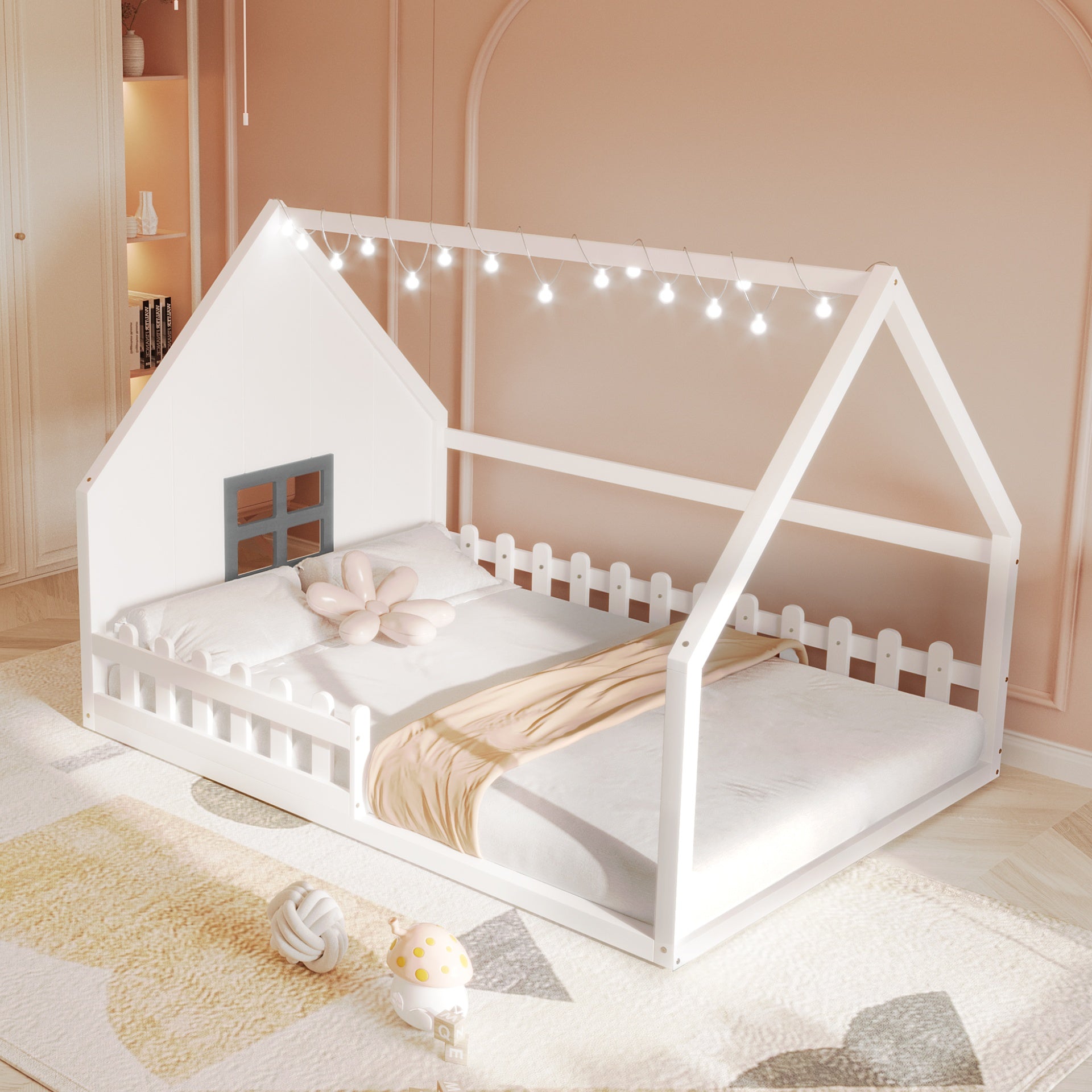 Full Size Wood House Bed with Window and Fence, White