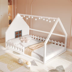 Full Size Wood House Bed with Window and Fence, White