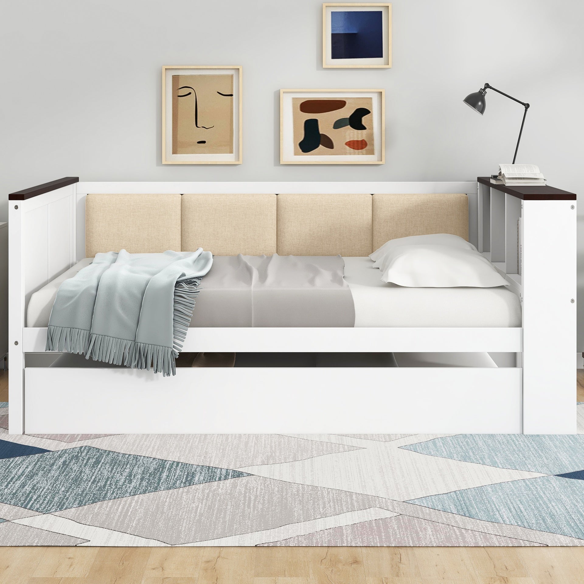 Full Size Wood Daybed with Storage Shelves, Upholstered Backrest,USB and Trundle, White