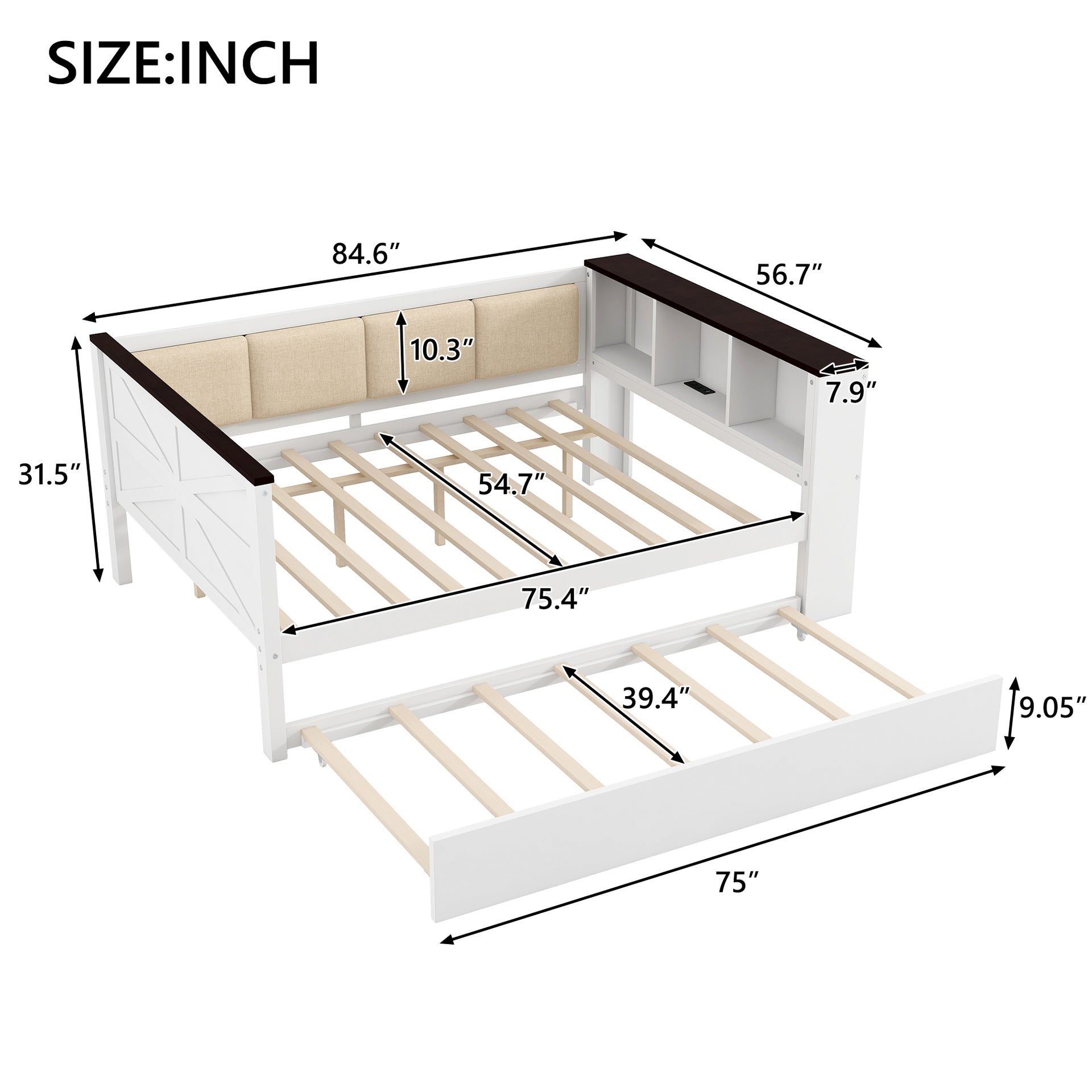 Full Size Wood Daybed with Storage Shelves, Upholstered Backrest,USB and Trundle, White