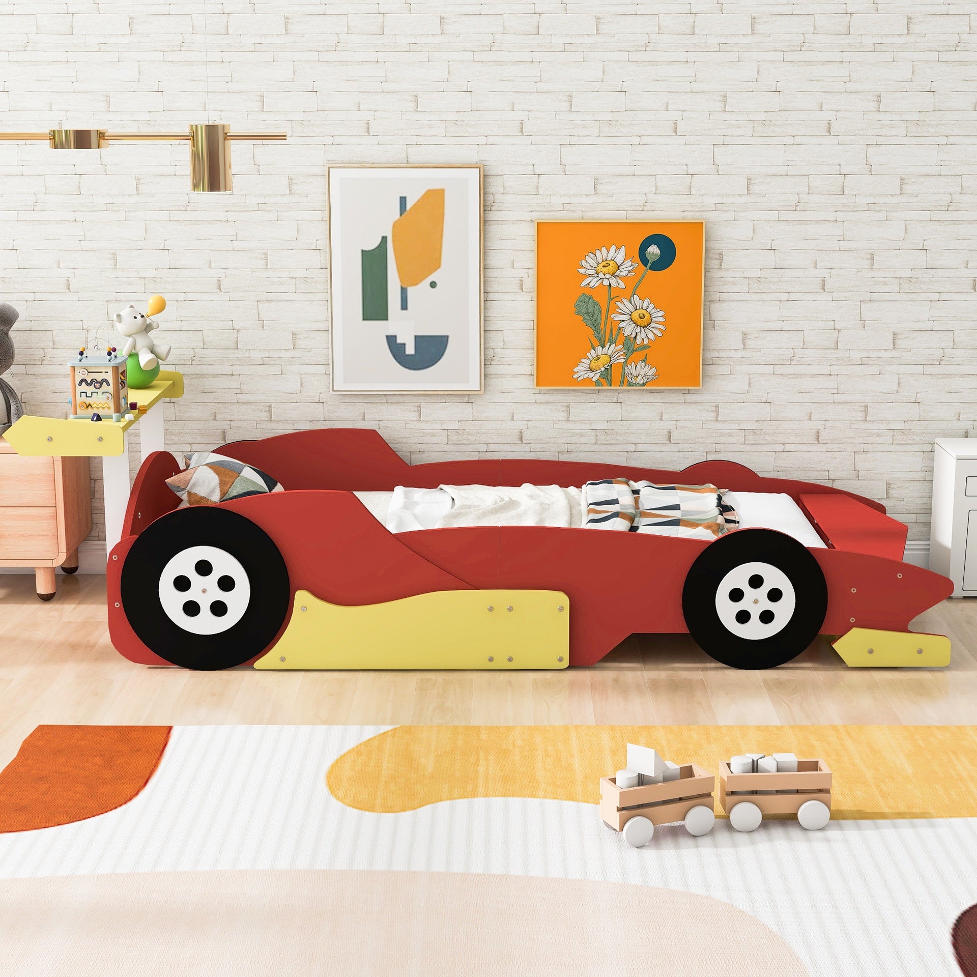 Twin Size Race Car-Shaped Platform Bed with Wheels,RedOLD SKU:WF311965AAJ)