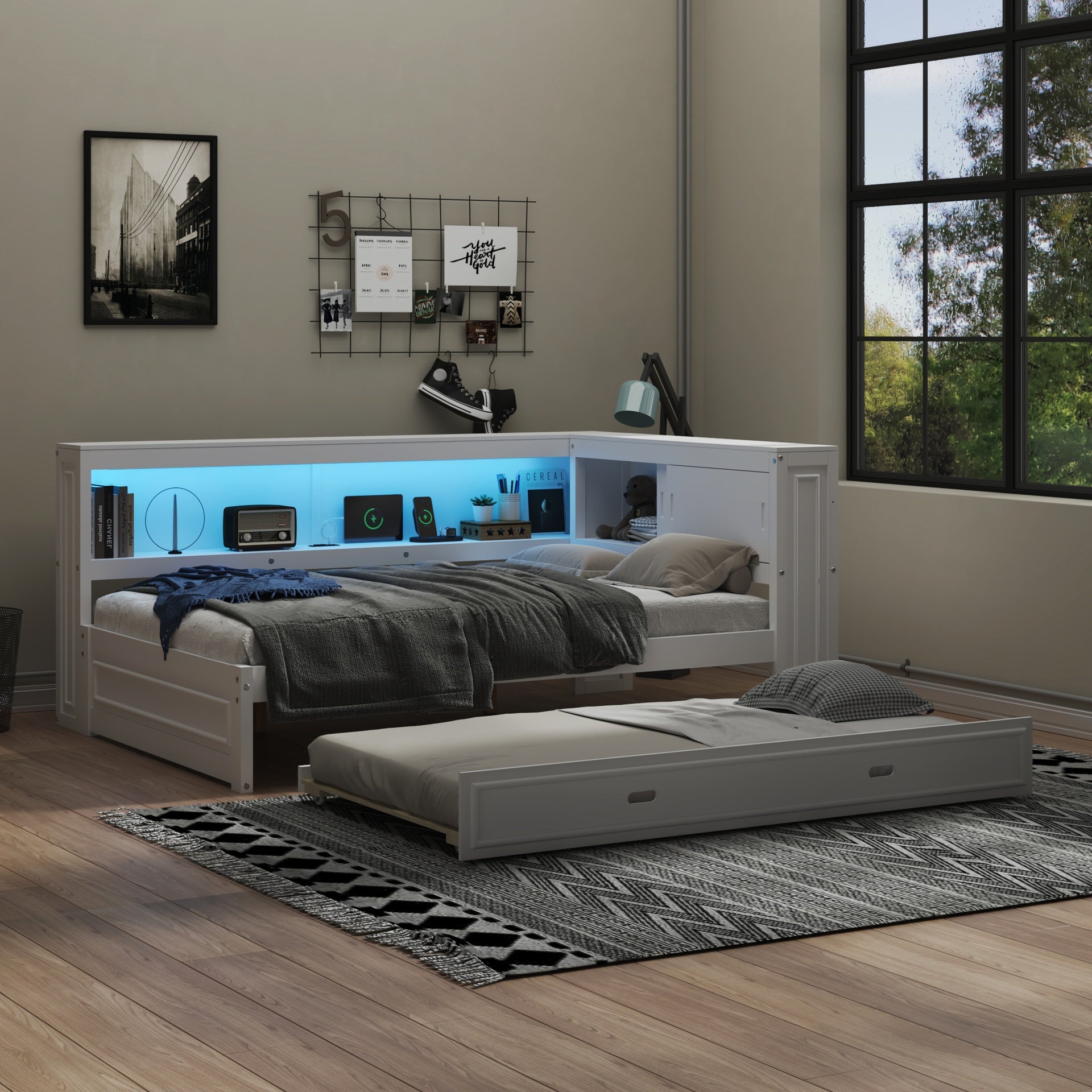 Full Size Wood Daybed with Storage Shelves, USB, LED, and Trundle, White