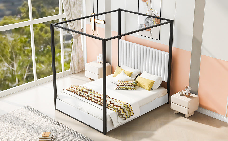 Queen Size Upholstery Canopy Platform Bed with Headboard and Metal Frame, White