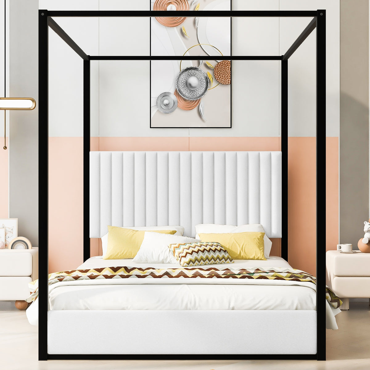 Queen Size Upholstery Canopy Platform Bed with Headboard and Metal Frame, White