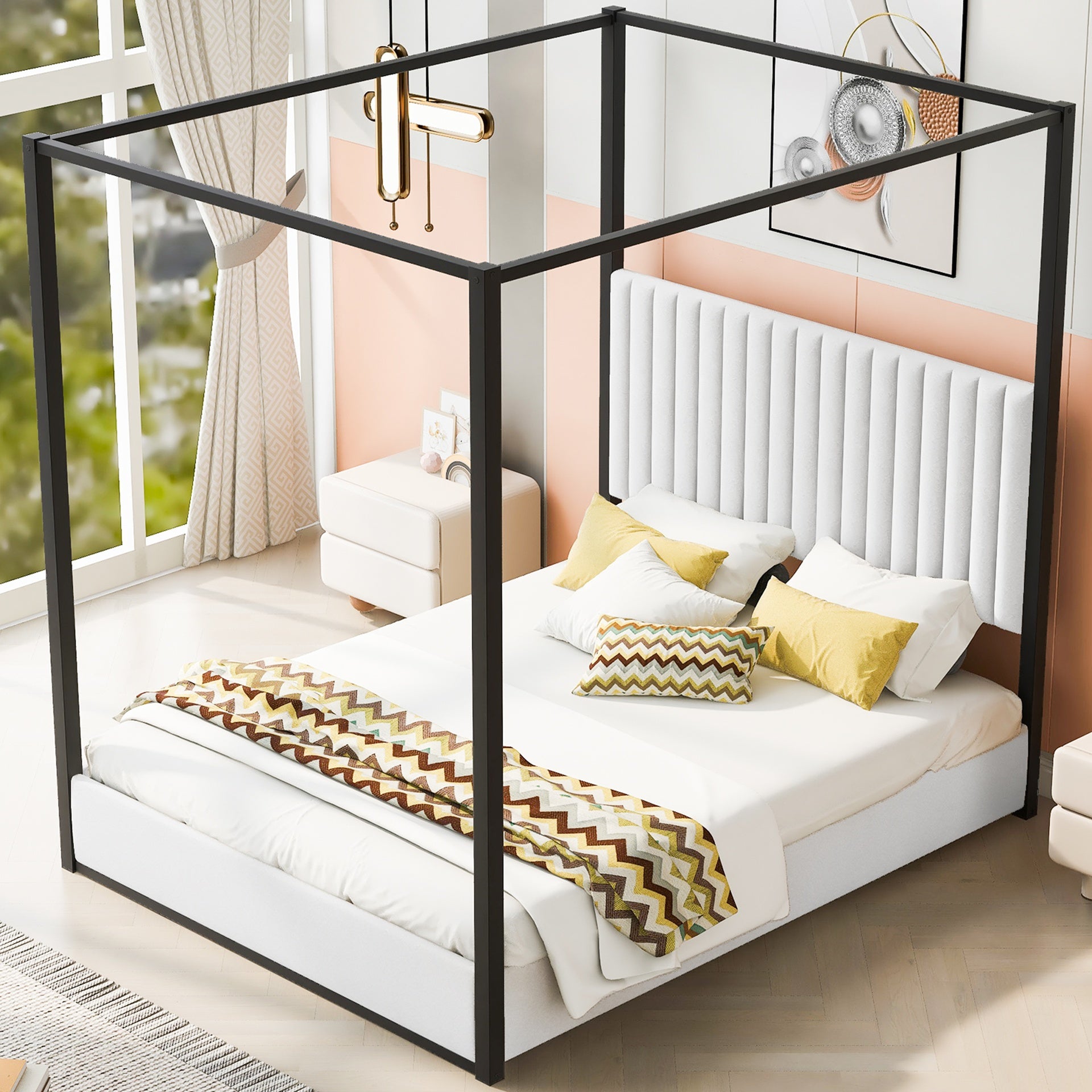 Queen Size Upholstery Canopy Platform Bed with Headboard and Metal Frame, White