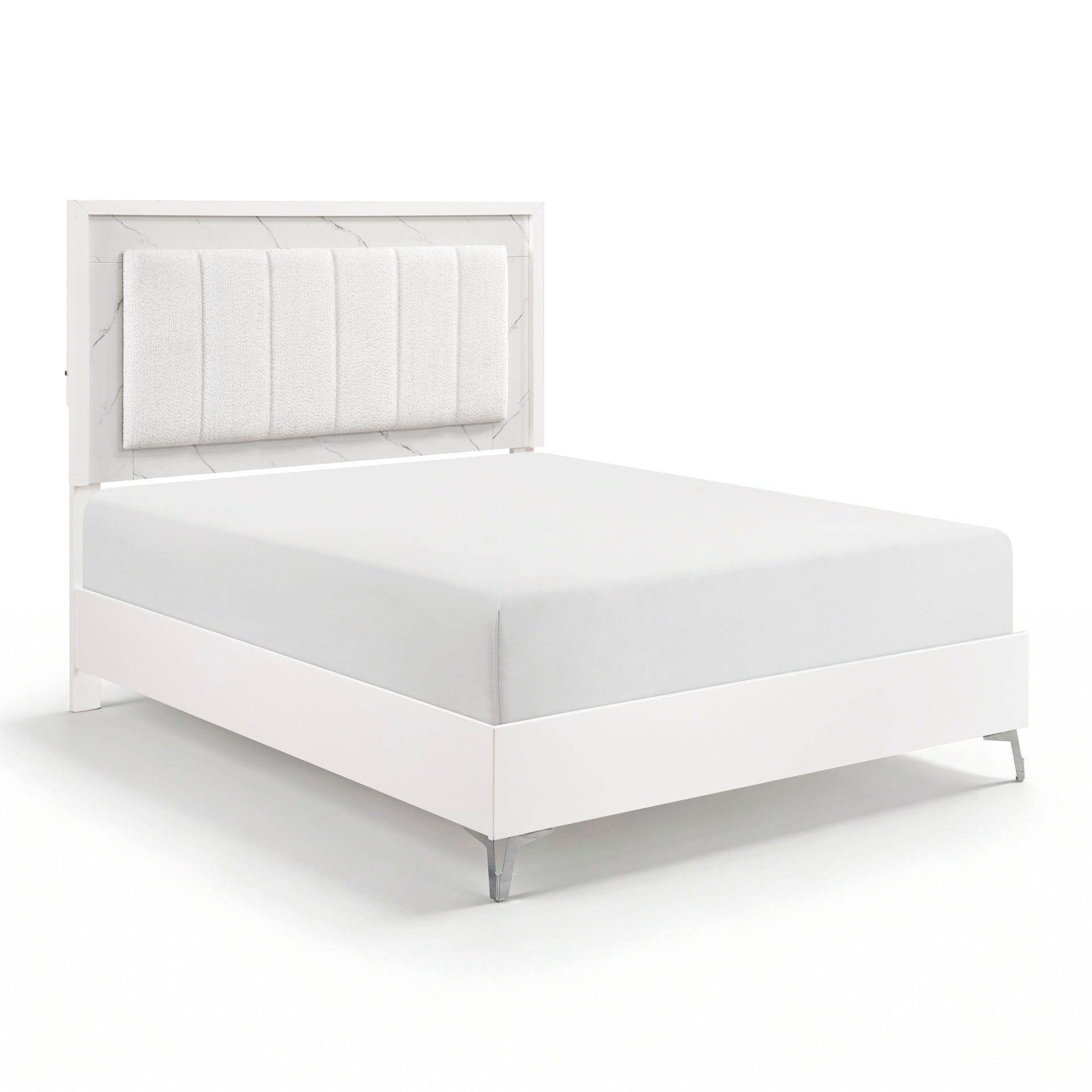 Glam White Queen Panel Bed LED Light Upholstered Headboard Faux Marble Laminated Top Chrome Metal Legs Bedroom Furniture 1pc