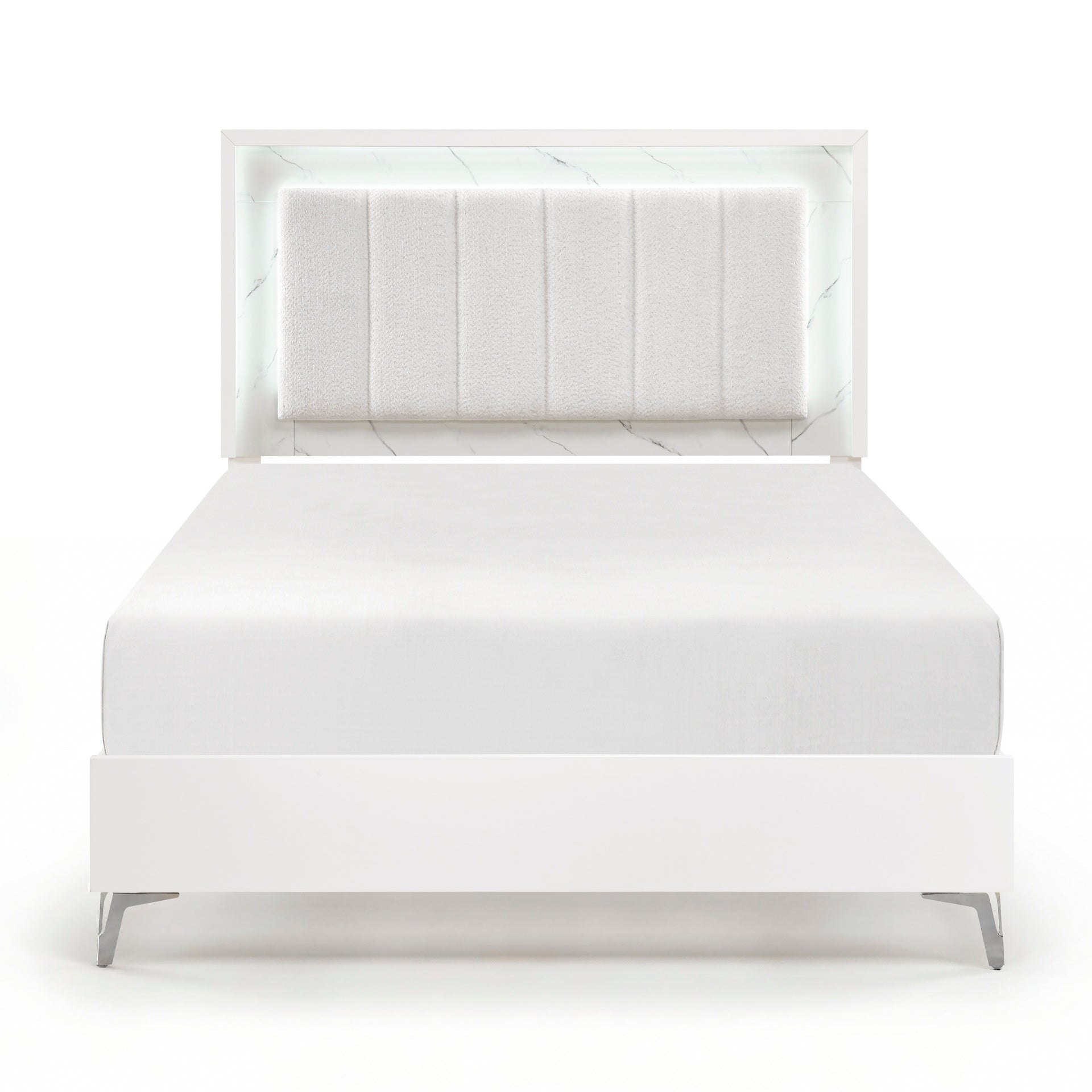 Glam White Queen Panel Bed LED Light Upholstered Headboard Faux Marble Laminated Top Chrome Metal Legs Bedroom Furniture 1pc
