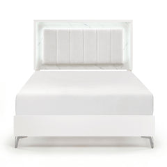 Glam White Queen Panel Bed LED Light Upholstered Headboard Faux Marble Laminated Top Chrome Metal Legs Bedroom Furniture 1pc