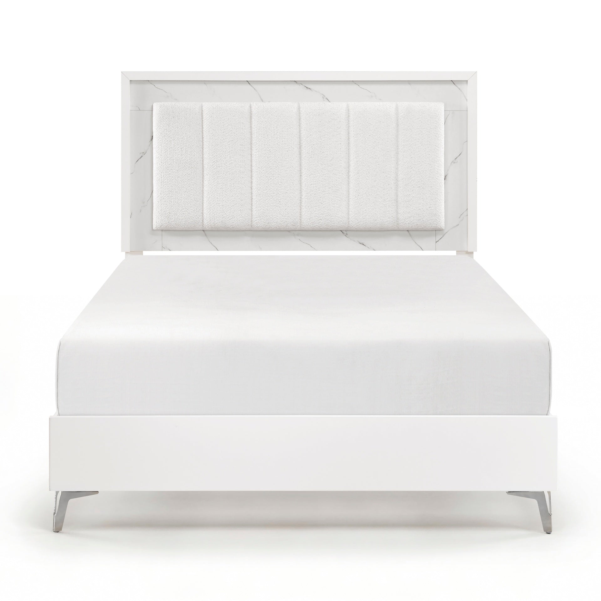 Glam White Queen Panel Bed LED Light Upholstered Headboard Faux Marble Laminated Top Chrome Metal Legs Bedroom Furniture 1pc